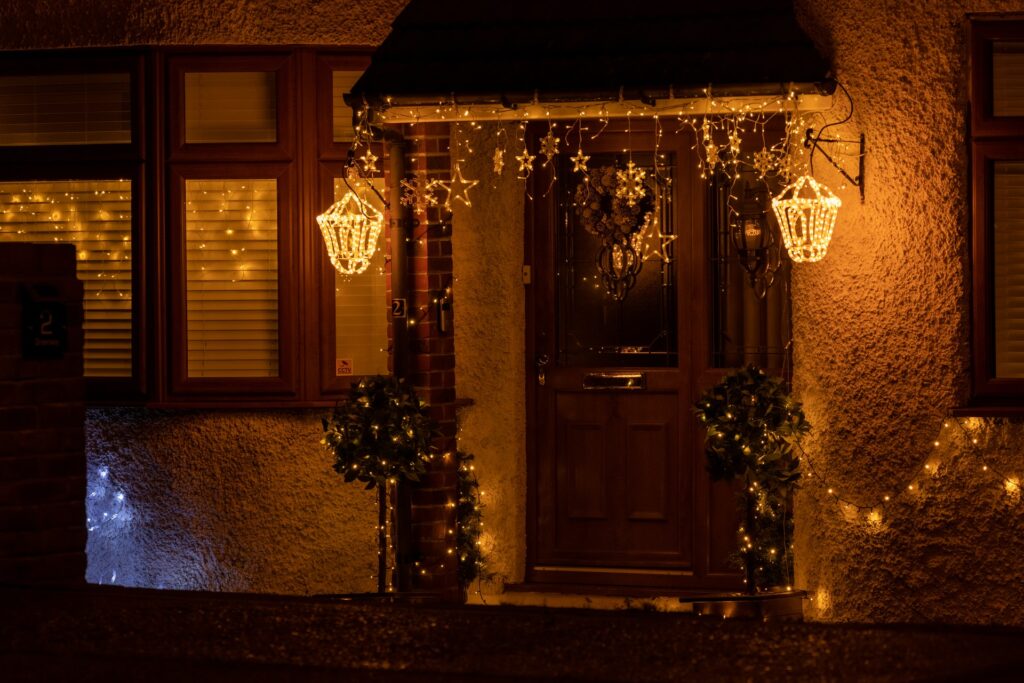 Holiday lighting at the house entrance