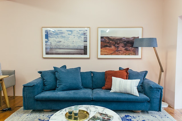 two photos in frames above a blue sofa.