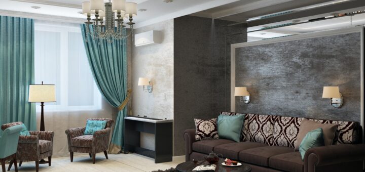A modern living room decorated in grey and light blue decor.