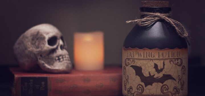 A skull on a book next to a candle and bat wing potion