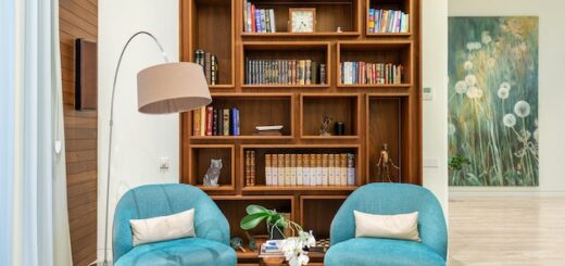 Blue padded chairs near the lamp and wooden bookshelves