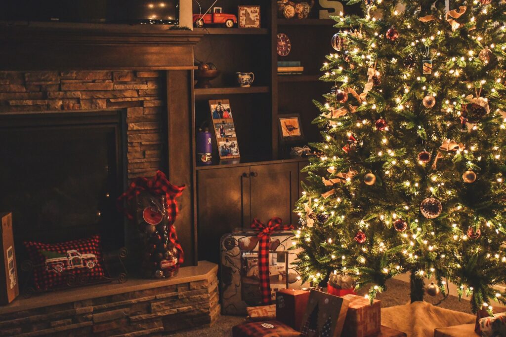 A fireplace next to a Christmas tree.