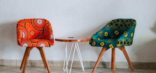 Two colorful chairs and a coffee table