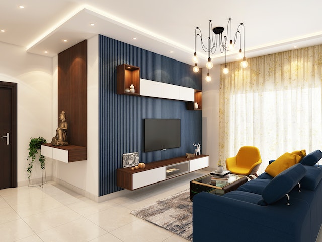  A living room with blue and yellow colors
