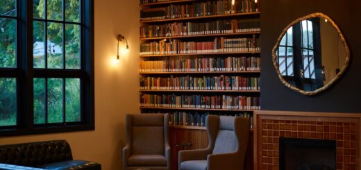 A study room with a large bookshelf.