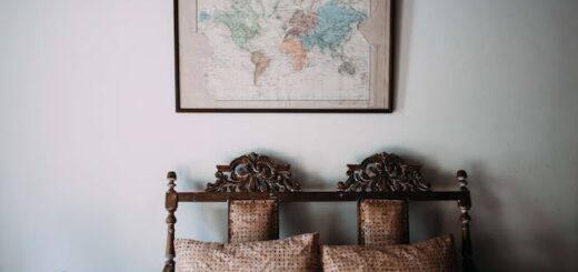 an old map above an antique loveseat is an example of decorating with found objects
