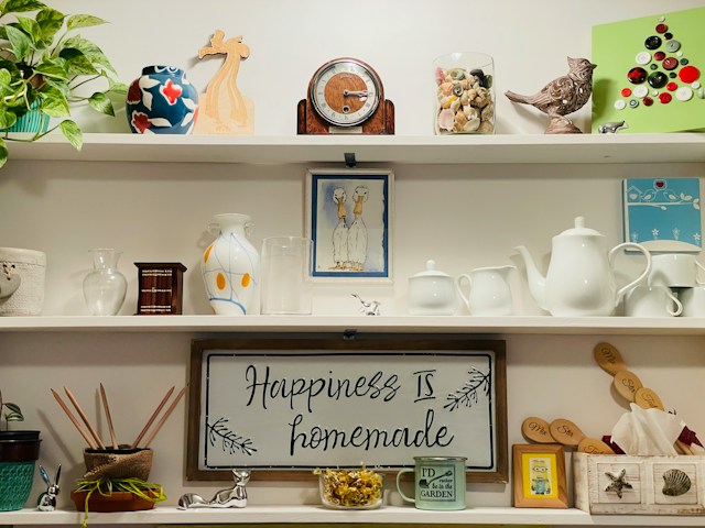 A shelf with a variety of souvenirs