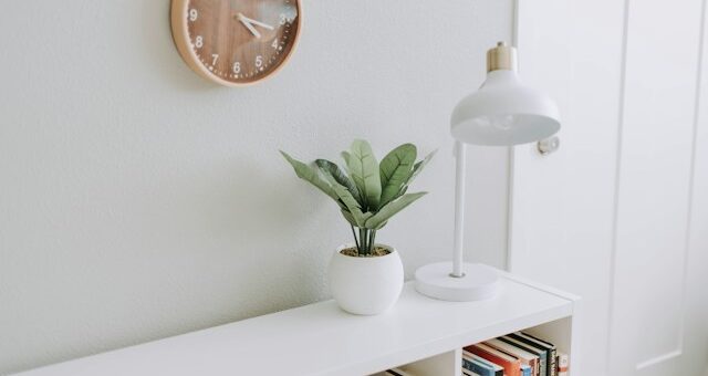 A white bookshelf with a reading lamp and a plant on it, and a brown clock above it using colour